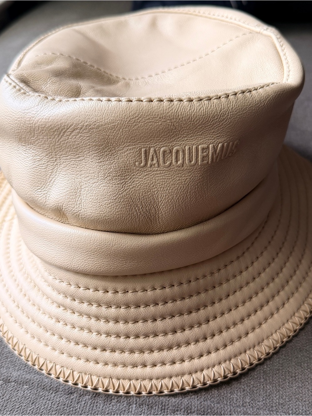 Jacquemus Cream Leather Bucket Hat with Embossed Logo New OS